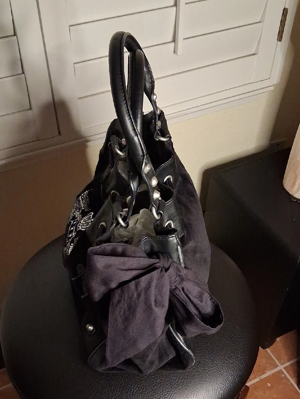 🖤💎Vintage Juicy Couture Black Leather Hobo Handbag W/Clear Gems RARE! Sz M